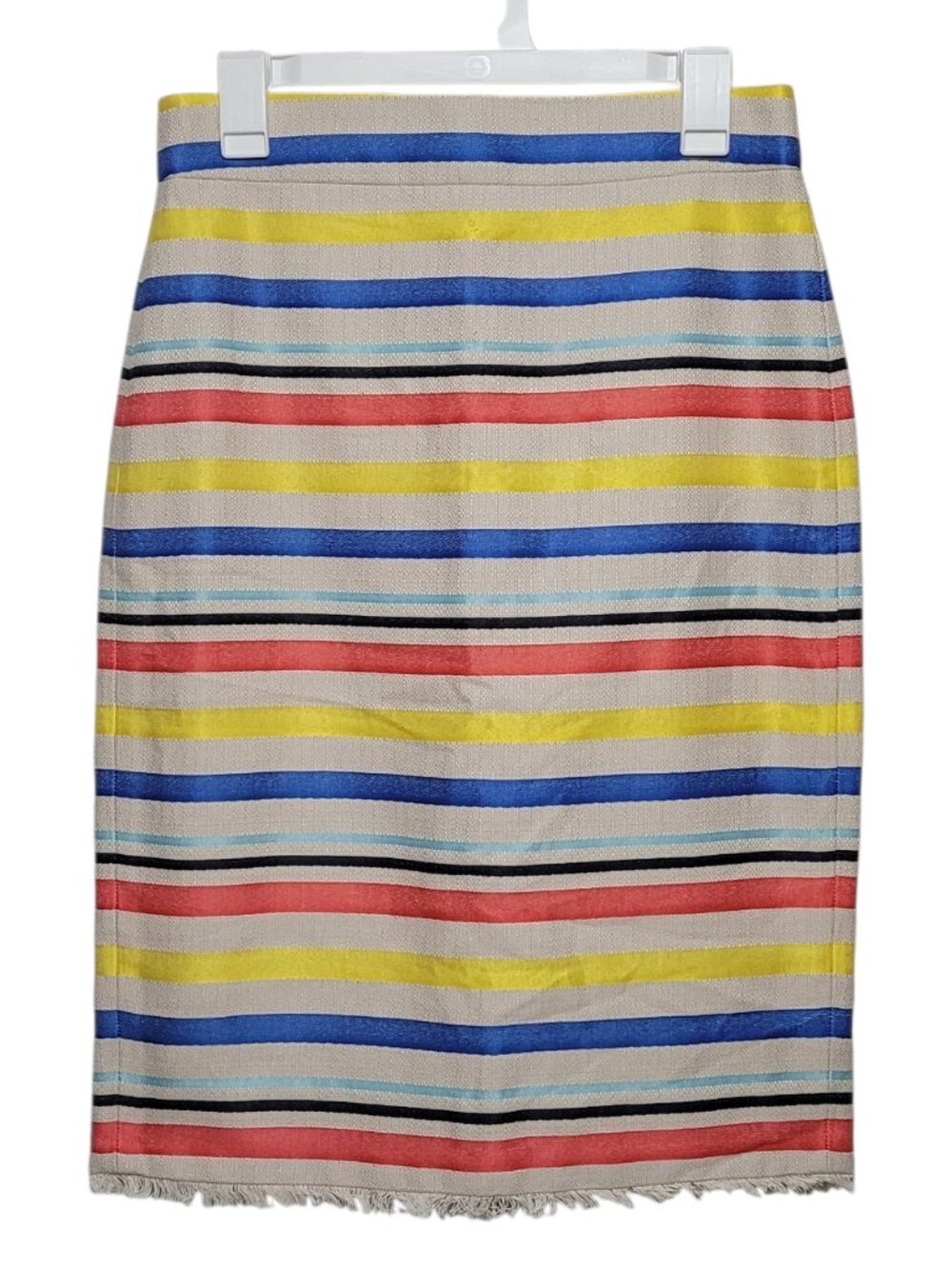 J. Crew Striped Jacquard Knee Length Pencil Skirt Frayed Hem Size 6 Preppy